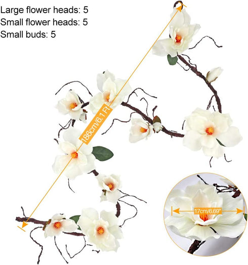 6.1 Ft Artificial Magnolia Flower Garland Hanging for Wedding Arch Wall Backdrop Home Garden Decoration (White)