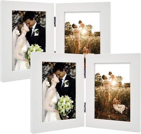 Golden State Art, 4x6 Double Picture Frame Vertical Hinged Photo Frame 2 Opening Folding Family Frames Collage, with Real Glass (4x6, White, 2-Pack)