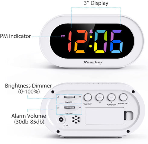 Reacher Small Colorful LED Digital Alarm Clock with Snooze, Simple to Operate, Full Range Brightness Dimmer, Adjustable Alarm Volume, Outlet Powered Compact Clock for Bedrooms, Bedside, Desk, Shelf