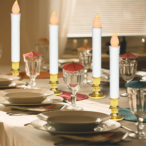 DRomance 9" White Flameless LED Flickering Window Taper Candles Battery Operated with Remote and Timer, Set of 4 Christmas Window Candles Gold Holders, Suction Cups and Battery Included