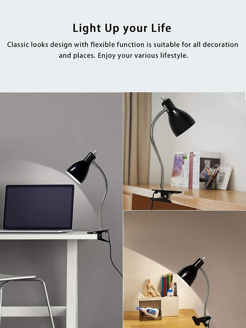Clip on Light Desk lamp Eye-Caring Table Lamps, 360°Rotation Gooseneck Clip on Lamp Reading Light, Portable Reading Book Light, Clamp Light, Study Desk Lamps for Bedroom and Office Home Lighting-Black