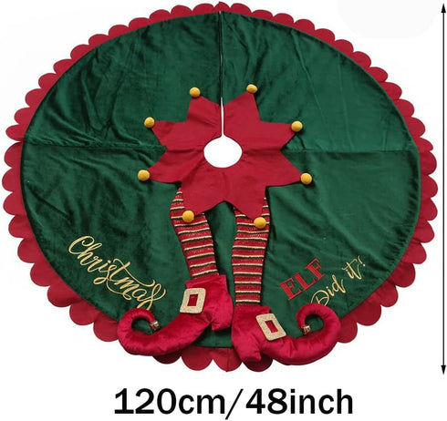 Christmas Tree Skirt 48 Inch,Large Embroidered Elf Padding Tree Collar with Striped Legs and Ripple Trim Border,Xmas Elf Themed Decoration,Christmas Tree Mat, Holiday Party Christmas Tree Decorations