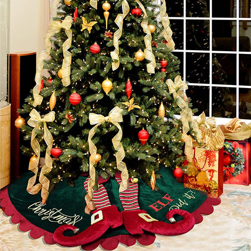 Christmas Tree Skirt 48 Inch,Large Embroidered Elf Padding Tree Collar with Striped Legs and Ripple Trim Border,Xmas Elf Themed Decoration,Christmas Tree Mat, Holiday Party Christmas Tree Decorations