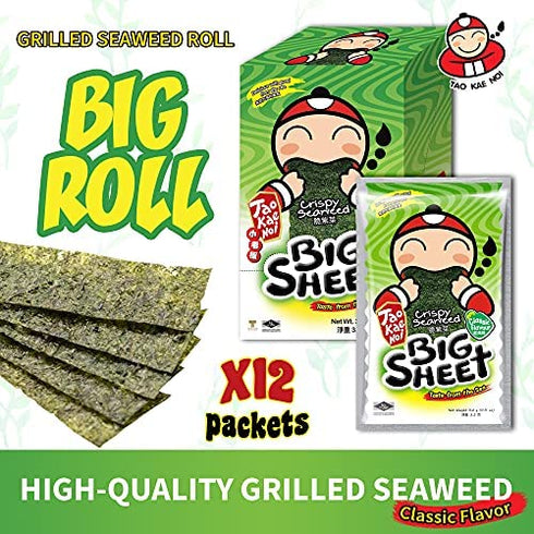 Big Crispy Seaweed Snack Sheets by Tao Kae Noi | Classic Thai Seaweed Chip | Healthy Nori Snacks for Kids and Adults | 12 Individually Wrapped Sheets per Box, 3.2g each
