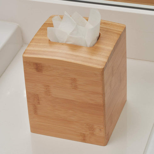 iDesign Formbu Bamboo Facial Tissue Box Cover, Boutique Container for Bathroom Vanity Countertops, 5.25" x 5.25" x 6", Natural Beige