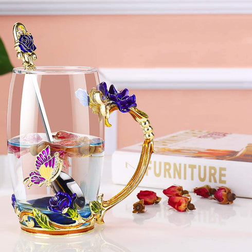 Tea Cup Glass Coffee Mugs Enamel Rose Flower Butterfly Drinking Cups with Spoon Set Unique Gifts for Birthday Wedding Christmas Blue Rose Tall Mug 12oz