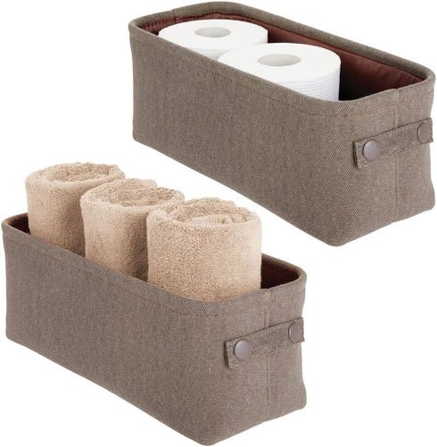 mDesign Soft Cotton Fabric Bathroom Storage with Attached Handles - Organizer for Towels, Toilet Paper Rolls - for Back of Toilet, Cabinets, and Vanities, 2 Pack - Espresso Brown