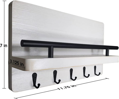 Ripple Creek Key Holder for Wall and Mail Shelf, Decorative Wooden Wall Rack for Keys, Letters, Bills - Pine Wood Unique and Industrial Decor, Perfect for Entryway, Kitchen (Washed White, Large)