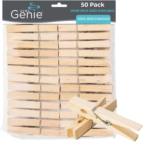 Home Genie Large Wooden Clothespins, 2.9", 50 Pack Natural Birchwood, Rust and Moisture Resistant Clothes Pegs, Durable Wood Clothing Pins, Strong Grip, Laundry Clothesline, Bag Clips, Crafts, Photos