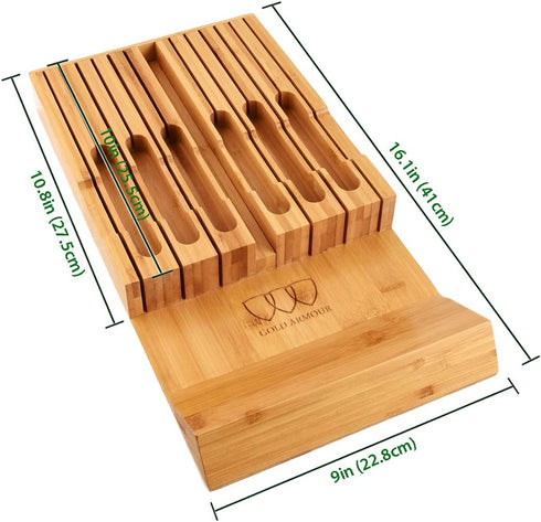 In-Drawer Bamboo knife block, Drawer Knife Set Storage, Knife Organizer and Holder with Safety Slots for Knives and 1 Sharpening Steel -Kitchen Drawer, Counter Top (12 Holder)