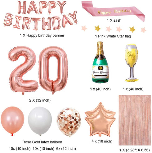 Fancypartyshop 20th Birthday Decorations - Rose Gold Happy Birthday Banner and Sash with Number 20 Balloons Latex Confetti balloons Ideal for Girl and Women 20 Years Old Birthday Rose Gold