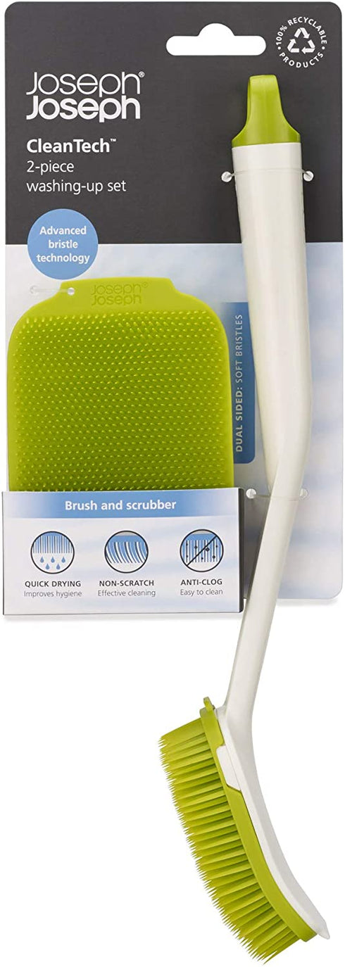 Joseph Joseph CleanTech Dish Brush and Reusable Sponge Scrubber Set Hygienic Quick-Dry, Green