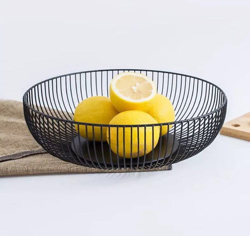 Metal Wire Countertop Fruit Bowl Basket Holder for Kitchen | Black Modern Home Storage Decor Stand - 11 Inch (Round C)