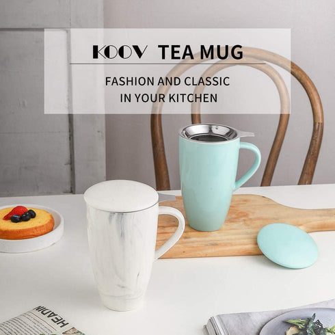 KOOV Porcelain Tea Cup with Infuser Basket and Lid, Teaware with Filter, 18 OZ (marble white)