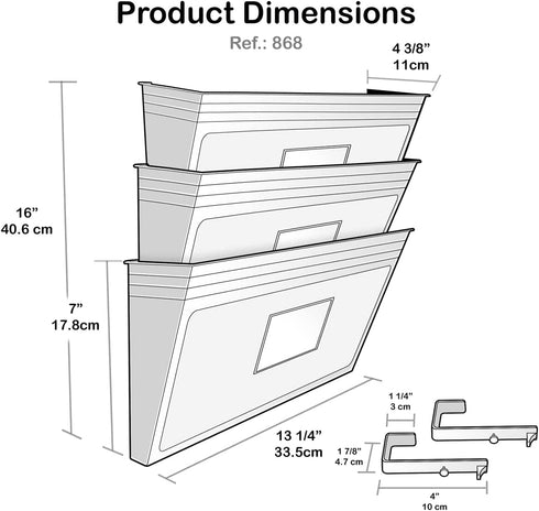 Acrimet 3 Pockets Wall Mount File Holder Organizer Letter Size, Black Color (Hangers Included)
