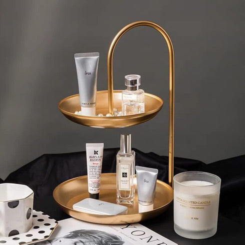 TOBENO Gold Tiered Tray 2 Tier Fruit Stand Basket Counter Top Fruit Basket Bowl Makeup Organizer For Vanity Bathroom Trays For Counter Donut Stand Snack Basket Dessert Table Decorations Stands