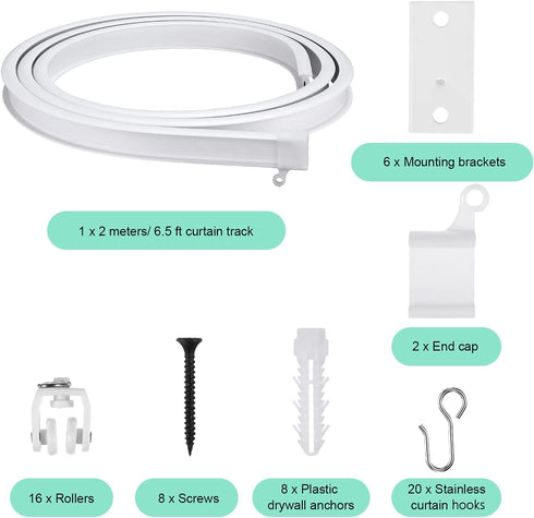 Curved Ceiling Curtain Track Bendable Mount for Curtain Rail Bunk Bed Bay Window Room Divider Flexible Straight (White, 6.5 Feet)