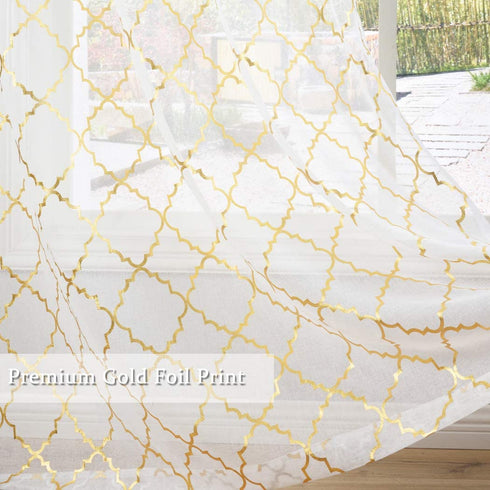 Kotile White Sheer Window Curtains Set of 2 Panels - Gold Moroccan Tile Lattice Pattern Drapes for Living Room, 52 x 95 Inch