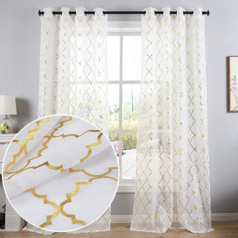 Kotile White Sheer Window Curtains Set of 2 Panels - Gold Moroccan Tile Lattice Pattern Drapes for Living Room, 52 x 95 Inch