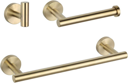 Bathroom Brushed Gold 3-Piece Accessories Set SUS304 Stainless Steel Bath Shower (Robe Hook, Toilet Paper Holder, 12" Hand Towel Bar) Contemporary Style