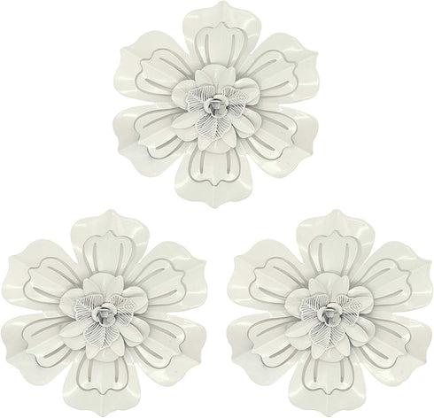 Metal Flower Wall Art Home Decor for Indoor Outdoor (White-3pcs)