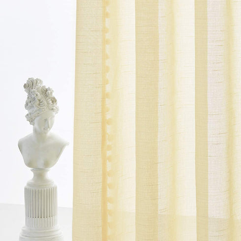 Pom Pom Yellow Sheer Curtains for Girl's Room 63" Linen Texture Voile Draperies for Bedroom 52" w 2 Pack