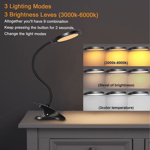 Clamp LED Desk Lamp, Flexible Gooseneck Table Lamp, 3 Lighting Modes with 3 Brightness Levels, Dimmable Office Lamp with Adapter, Touch-Sensitive Control(Black)