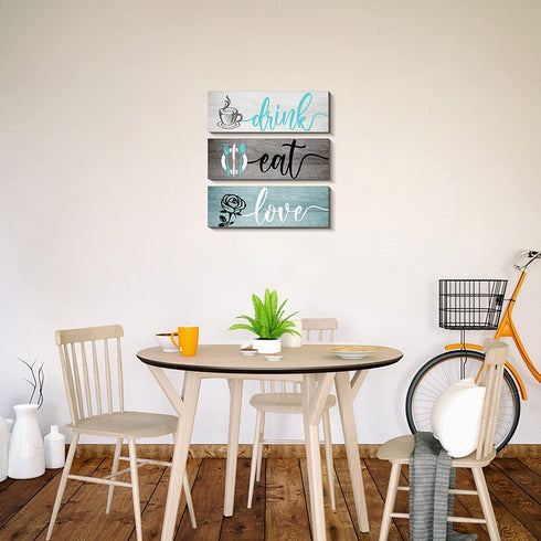 Creoate Kitchen Signs Wall Decor, Set of 3- Eat Drink and Love Wood Plaque, Dinning Room Wall Art Rustic Farmhouse Decor, Blue