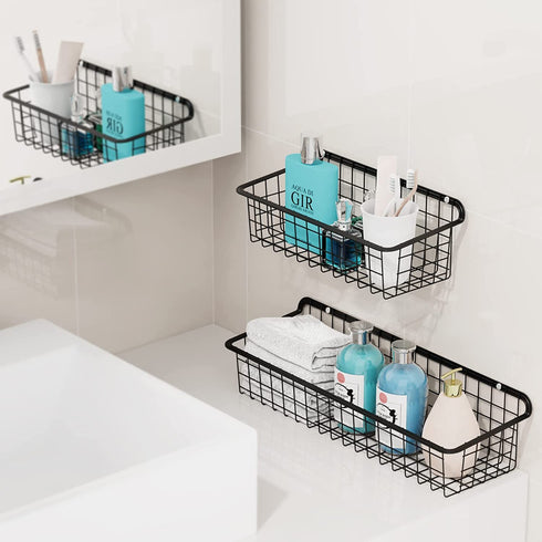 Wall Baskets, Packism 4 Pack Cabinet & Wall Mounted Wire Baskets, Multifunctional Hanging Wire Basket for Kitchen, Home, Office, Bathroom, Garage Storage, Wire Storage Baskets with Mount Hooks, Black