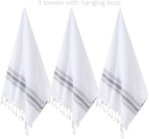 Hand Towels for Bathroom (Set of 3) Boho Turkish Kitchen Towels, Decorative Farmhouse Towels for Kitchen, Fringe Tea Dish Cloth Set, Quick Dry and Highly Absorbent (18 x 38 inches) (Grey)