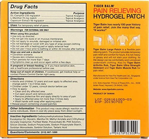 Tiger Balm Pain Relieving Large Patch, 4" x 8", 4/pack – Pain Relieving Patch – For Temporary Relief of Minor Aches of Muscles and Joints – Formulated with Menthol, Camphor, and Capsicum – Fast-Acting