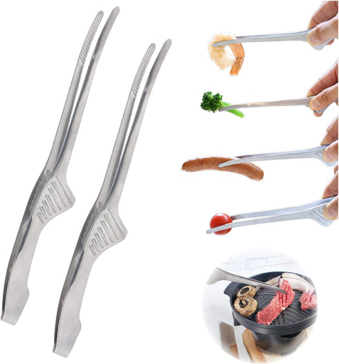 (Set of 2) Made in Korea, Self-Standing Tongs for Korean & Japanese BBQ, Veggies and Seafood, Tweezers & Pincette, Clean & Convenient Use, Premium Stainless Steel, Non-Slip Serrated Tips