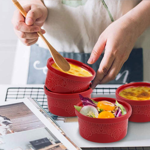 FE Ramekins, Lace Emboss Ramekin 8 oz Oven Safe, Creme Brulee Set of 6, Ceramic Souffle Dish for Baking Dessert and Cake (Apple Red)