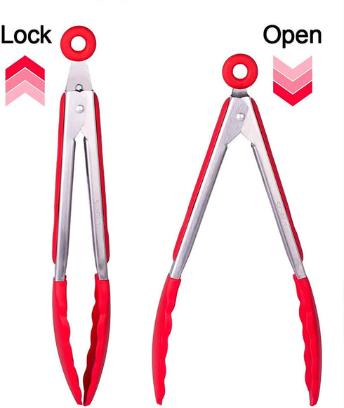 Uigos Kitchen Cooking Food Tongs Stainless Steel With Silicone Heads Locking Clip 2 Piece (9" & 12")