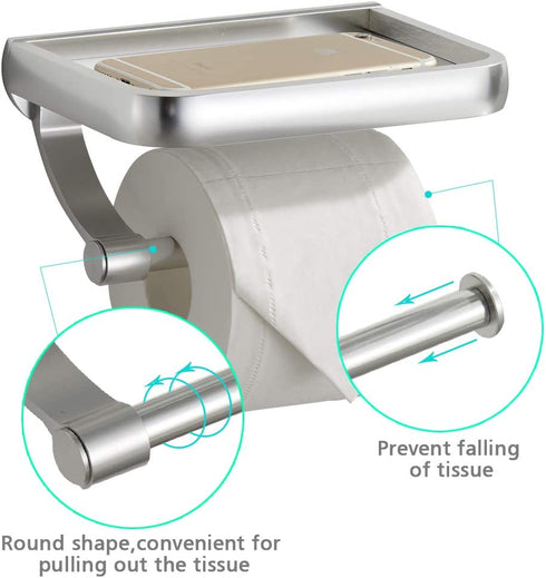 KooNiosio Toilet Paper Holder with Shelf, Anti-Rust Aluminum Toilet Roll Holder with Phone Shelf for All Mobile Phone, Wall Mounted Bathroom Tissue Holder (Silver)
