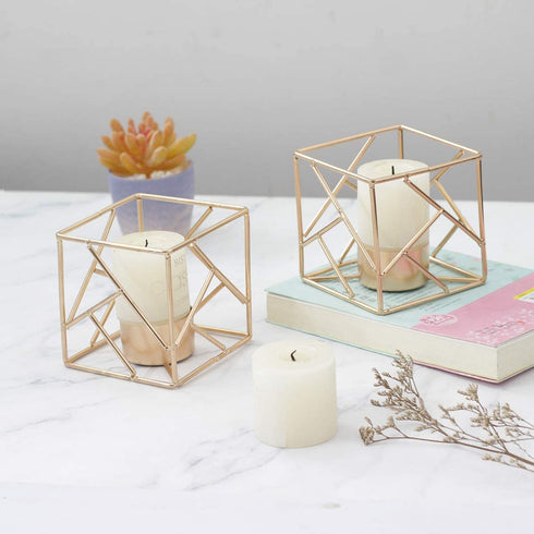 Lovcoala Set of 2 Gold Metal Geometric Tea Light Candle Holder for Tables Decor Living Romm Bathroom Decorations, Tealight Candle Holder for Wedding, Home Decoration, Events and Party