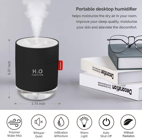 Portable Mini Humidifier, 500ml Small Cool Mist Humidifier, USB Personal Desktop Humidifier for Baby Bedroom Travel Office Home, Auto Shut-Off, 2 Mist Modes, Super Quiet (Black)