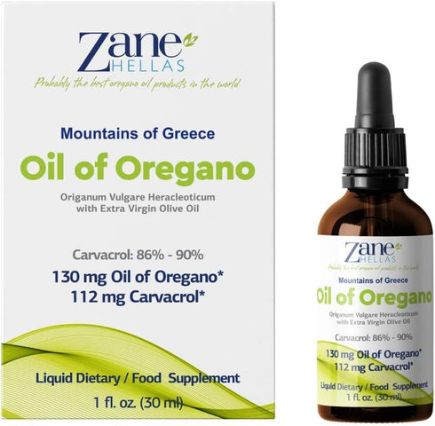 Zane Hellas 70% Oregano Oil. Greek Essential Oil of Oregano .86% Min Carvacrol. 112 mg Carvacrol Per Serving. Probably The Best Oregano Oil in The World. 1 fl. oz.- 30ml