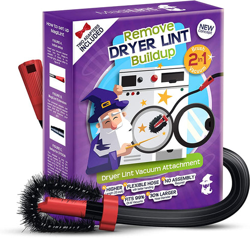MagiLint Dryer Vent Cleaner Kit - 2 in 1 Brush and Vacuum Attachment for Cleaning Dryer Lint Trap - Universal Flexible Crevice Tool for Lint Remover - Universal Hose Adapter Cleaner