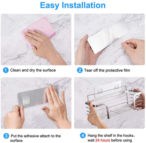 Yougai Shower Caddy Shelf Basket with Soap Dish and 4 Hooks, SUS304 Stainless Steel Shampoo Holder Bathroom Organizer No Drilling Adhesive Wall Mounted Storage Shelves for Kitchen, Toilet, Bathroom Rack Accessories-2 Pack, Silver