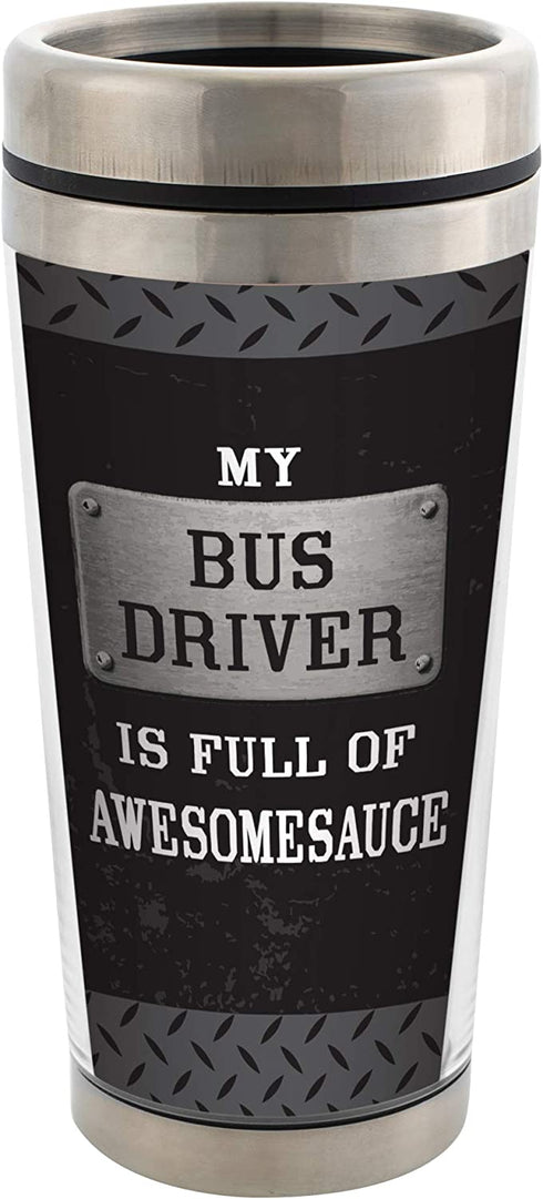 Elanze Designs My Bus Driver Is Full of Awesomesauce Black 16 Ounce Stainless Steel Travel Mug with Lid