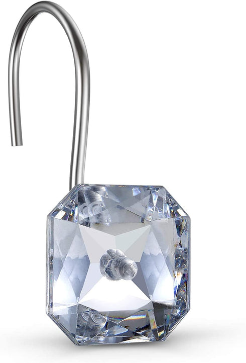 CHICTIE Diamond Shower Curtain Hooks,White Crystal Decorative Shower Curtain Rings,Set of 12 Stainless Steel Rust-Proof Square Rhinestones Shower Hooks Hangers for Bathroom
