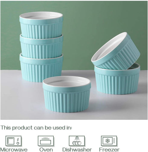 DOWAN Ramekins 6 oz Oven Safe - 6 oz Ramekins for Creme Brulee Souffle, Porcelain Ramekins for Baking, Classic Style Ramekins Bowls, Set of 6, Blue