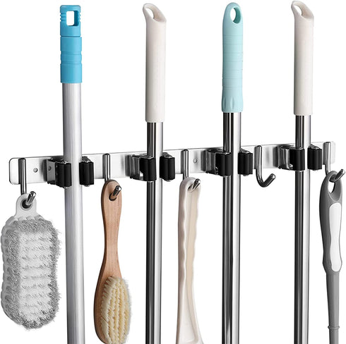 SHYOSUCCE Mop Broom Holder Wall Mount with 4 Racks and 5 Hooks, 304 Stainless Steel Broom Organizer for Garden Garage Kitchen Bathroom (Black)