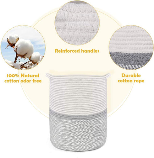 Laundry Basket, Large Woven Cotton Rope Basket with Handles, 100% Natural Cotton Baby Storage Basket, Decorative Basket for Storing Toys, Clothes, Blankets and Pillows 18" x 15"