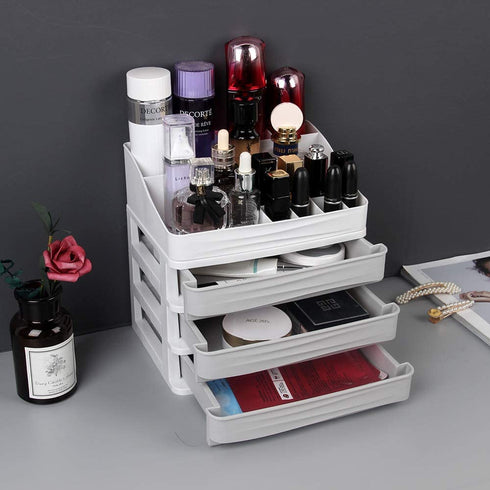 ELUCHANG Cosmetic Makeup Organizer Plastic Storage Box with Drawer Lipsticks Holder Desktop Sundry Storage Case