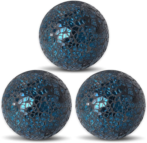 3Pcs 8cm/3.15inch Mosaic Decoration Ball Set Centerpiece Balls Gradient Mosaic Glass Solid Ball , for Centerpiece Bowls, Vases, Tables, Wedding, Party Thanksgiving Christmas Decoration (Black Blue)