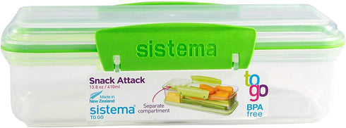 Sistema Snack Attack To Go 410ml / 13.86oz Two compartments Lunch Box Container 7.5 x 3.1 x 2.3 inches, Colors Vary, 2-Pack