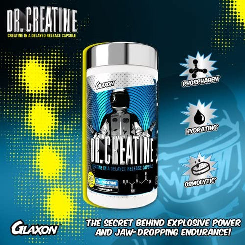 Glaxon Dr. Creatine, Creatine Monohydrate in Delayed Release Capsules, Creatine Pills for Enhanced Performance, Better Absorption, Reduced Stomach Discomfort, 200 Capsules, 50 Servings