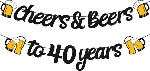 Cheers and Beers to 40th Years Banner 40th Birthday Decorations for Men Women 40s Birthday Backdrop Wedding Anniversary Party Supplies Black Glitter Decorations Pre-Strung